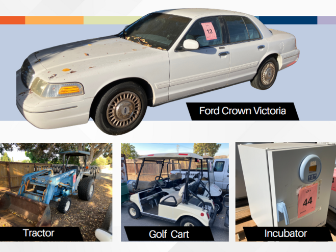 auction items: ford crown victoria, tractor, golf cart, incubator
