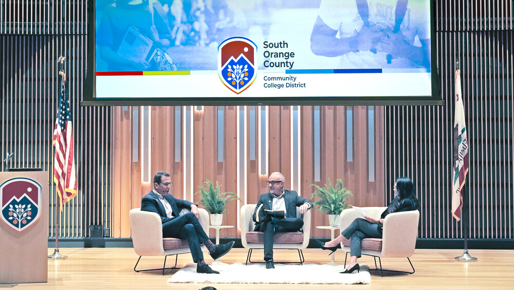Chancellor Barnes interviewed IVC president John C. Hernandez and Saddleback College president Elliot Stern