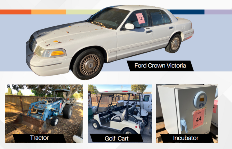 auction items: ford crown victoria, tractor, golf cart, incubator