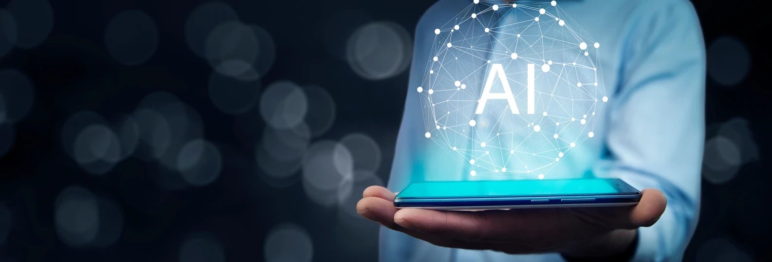 person holding a tablet with the word AI above