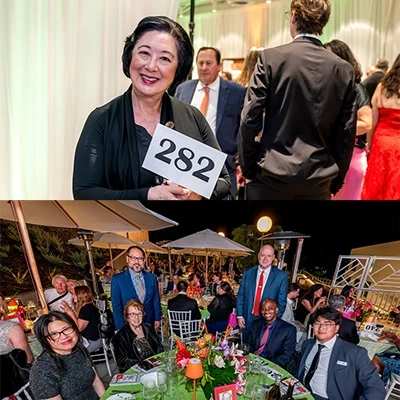split image with the top image of trustee bartlett posing for a picture and the bottom iimage is trustees inmon and shin sitting at table with people