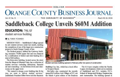 Front page of the OC Business Journal with Saddleback College story on front