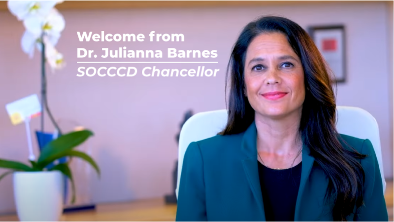 title: welcome from Dr. Julianna Barnes, SOCCCD Chancellor and image of woman